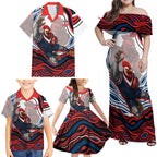 Personalized Sydney Roosters Family Matching Off Shoulder Maxi Dress and Hawaiian Shirt Aboriginal Dot Art - Dreamtime Rugby Mascot