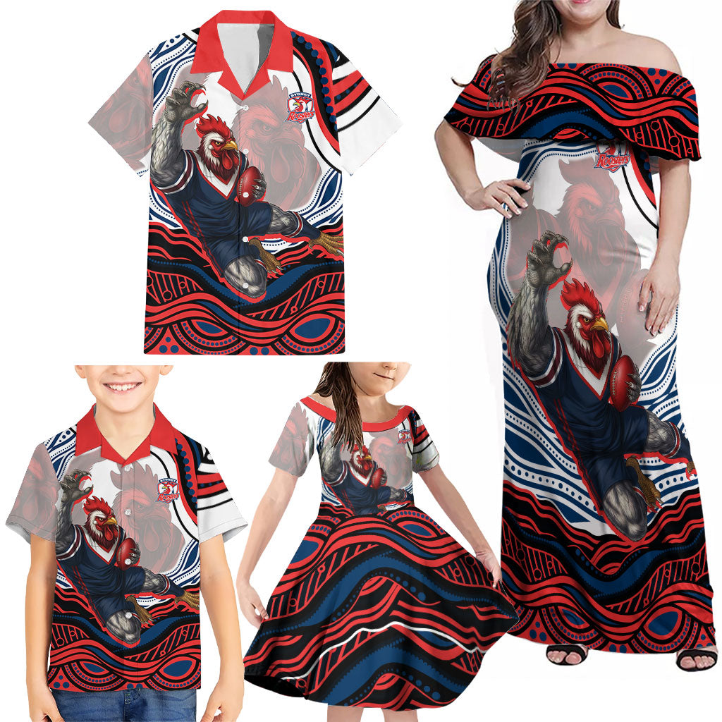 Personalized Sydney Roosters Family Matching Off Shoulder Maxi Dress and Hawaiian Shirt Aboriginal Dot Art - Dreamtime Rugby Mascot