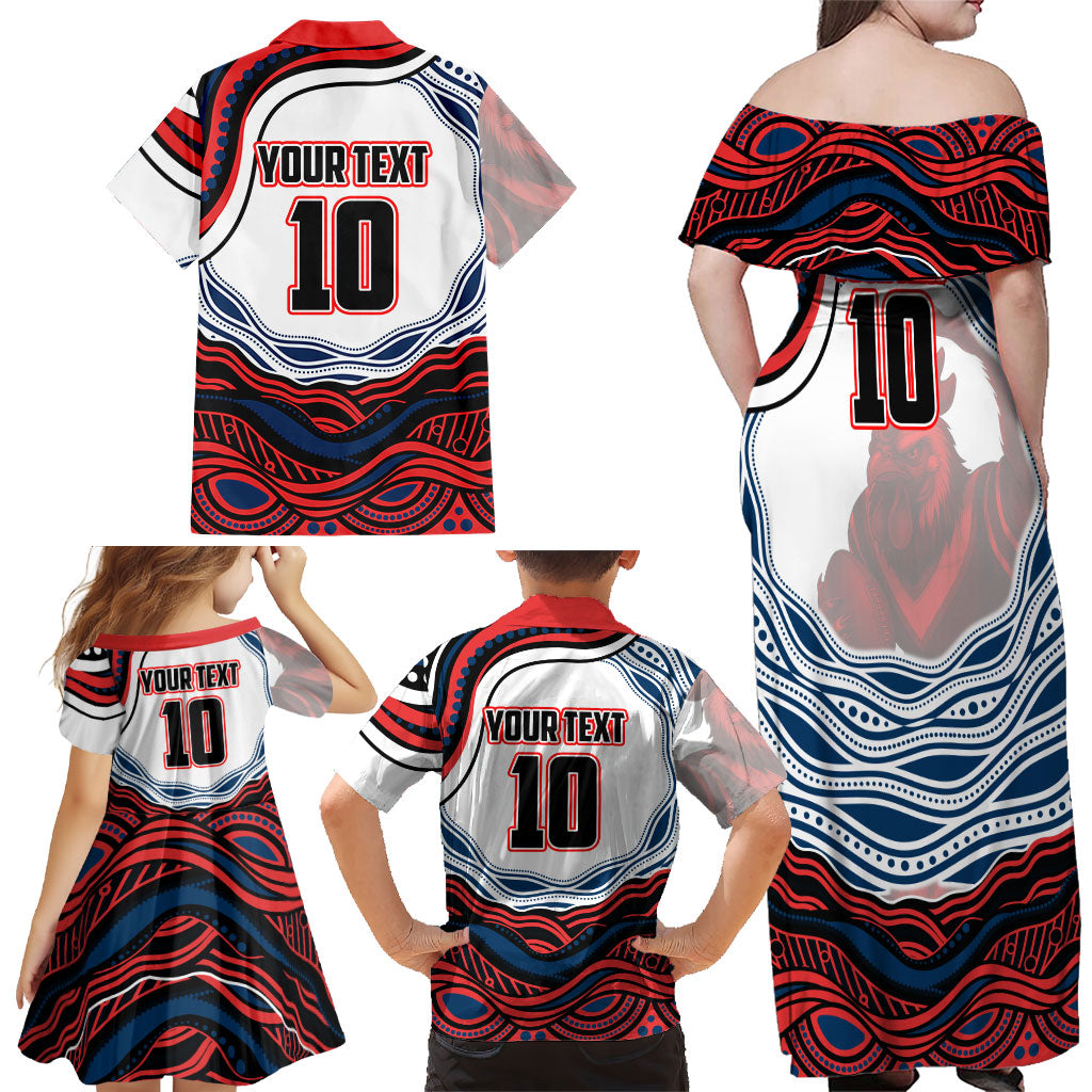Personalized Sydney Roosters Family Matching Off Shoulder Maxi Dress and Hawaiian Shirt Aboriginal Dot Art - Dreamtime Rugby Mascot