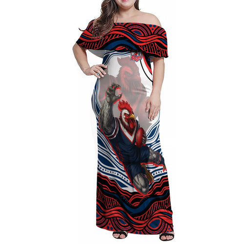 Personalized Sydney Roosters Family Matching Off Shoulder Maxi Dress and Hawaiian Shirt Aboriginal Dot Art - Dreamtime Rugby Mascot