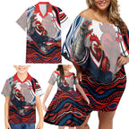 Personalized Sydney Roosters Family Matching Off Shoulder Short Dress and Hawaiian Shirt Aboriginal Dot Art - Dreamtime Rugby Mascot