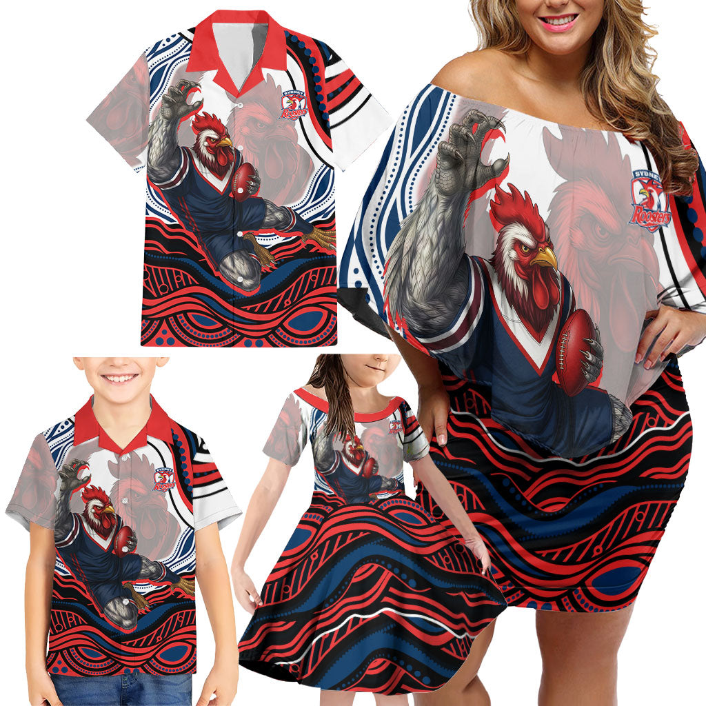 Personalized Sydney Roosters Family Matching Off Shoulder Short Dress and Hawaiian Shirt Aboriginal Dot Art - Dreamtime Rugby Mascot