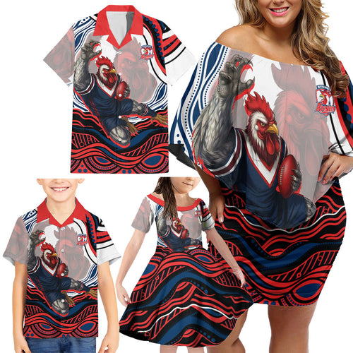 Personalized Sydney Roosters Family Matching Off Shoulder Short Dress and Hawaiian Shirt Aboriginal Dot Art - Dreamtime Rugby Mascot