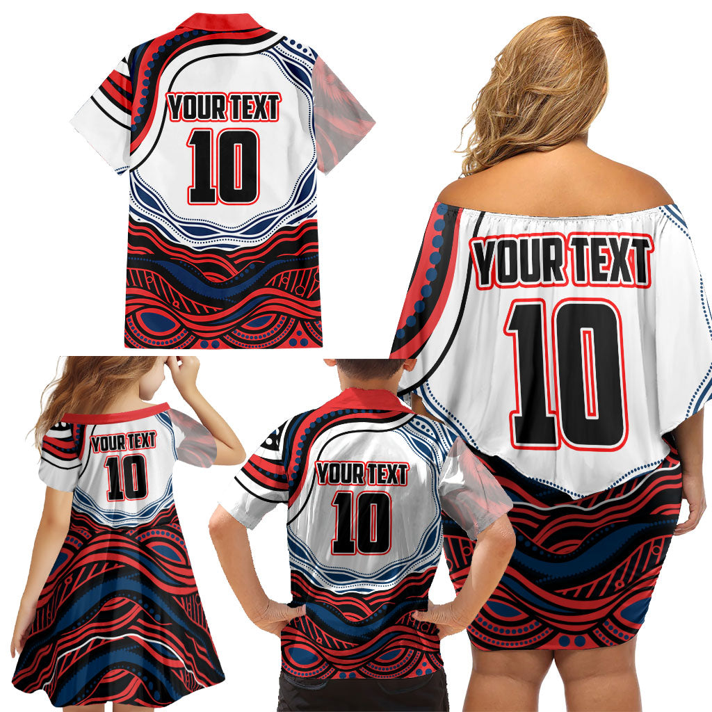Personalized Sydney Roosters Family Matching Off Shoulder Short Dress and Hawaiian Shirt Aboriginal Dot Art - Dreamtime Rugby Mascot