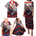 Personalized Sydney Roosters Family Matching Puletasi and Hawaiian Shirt Aboriginal Dot Art - Dreamtime Rugby Mascot