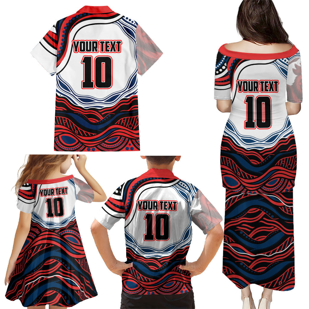 Personalized Sydney Roosters Family Matching Puletasi and Hawaiian Shirt Aboriginal Dot Art - Dreamtime Rugby Mascot