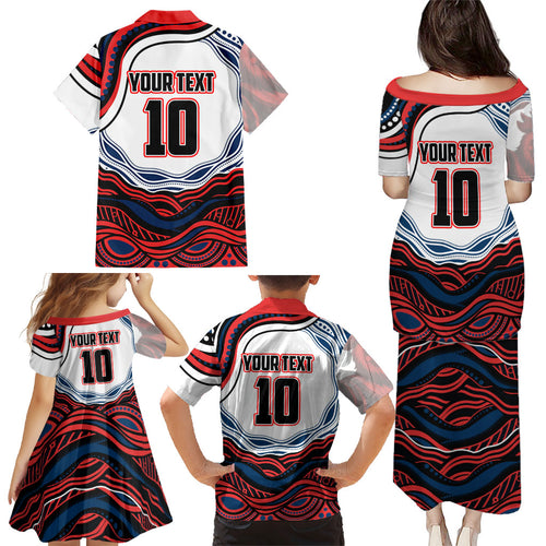 Personalized Sydney Roosters Family Matching Puletasi and Hawaiian Shirt Aboriginal Dot Art - Dreamtime Rugby Mascot