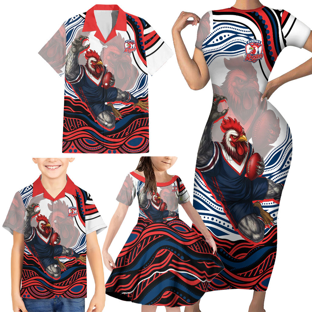 Personalized Sydney Roosters Family Matching Short Sleeve Bodycon Dress and Hawaiian Shirt Aboriginal Dot Art - Dreamtime Rugby Mascot