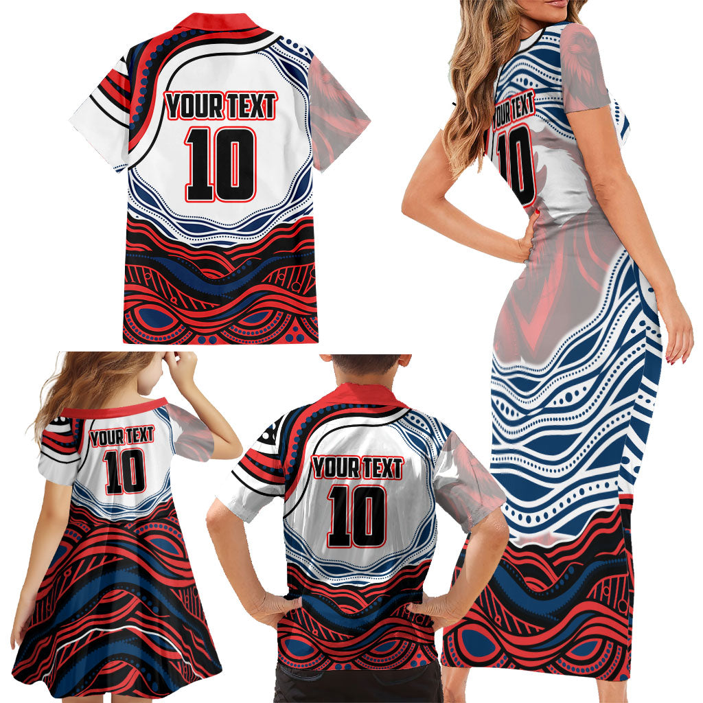 Personalized Sydney Roosters Family Matching Short Sleeve Bodycon Dress and Hawaiian Shirt Aboriginal Dot Art - Dreamtime Rugby Mascot