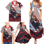 Personalized Sydney Roosters Family Matching Summer Maxi Dress and Hawaiian Shirt Aboriginal Dot Art - Dreamtime Rugby Mascot