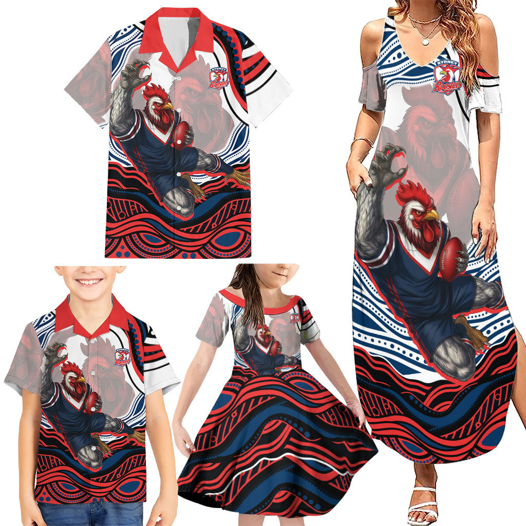 Personalized Sydney Roosters Family Matching Summer Maxi Dress and Hawaiian Shirt Aboriginal Dot Art - Dreamtime Rugby Mascot