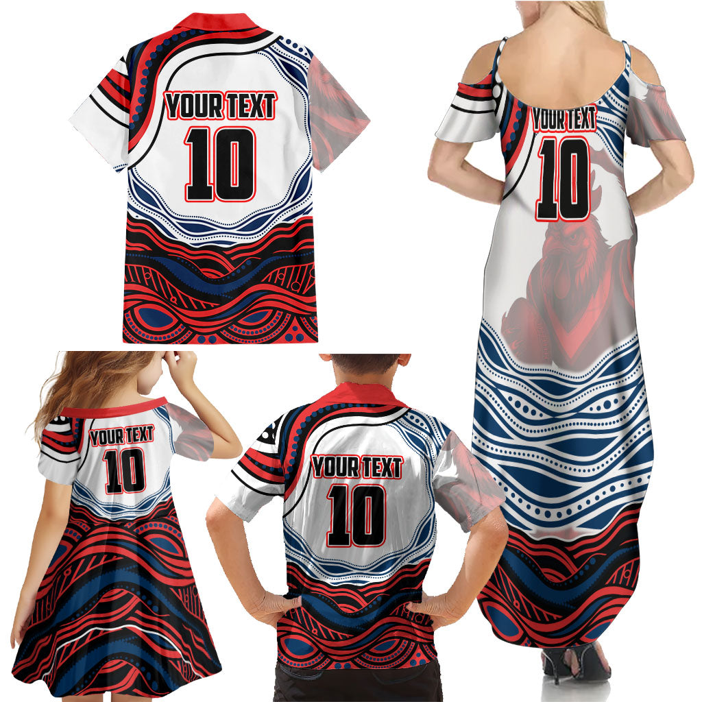 Personalized Sydney Roosters Family Matching Summer Maxi Dress and Hawaiian Shirt Aboriginal Dot Art - Dreamtime Rugby Mascot
