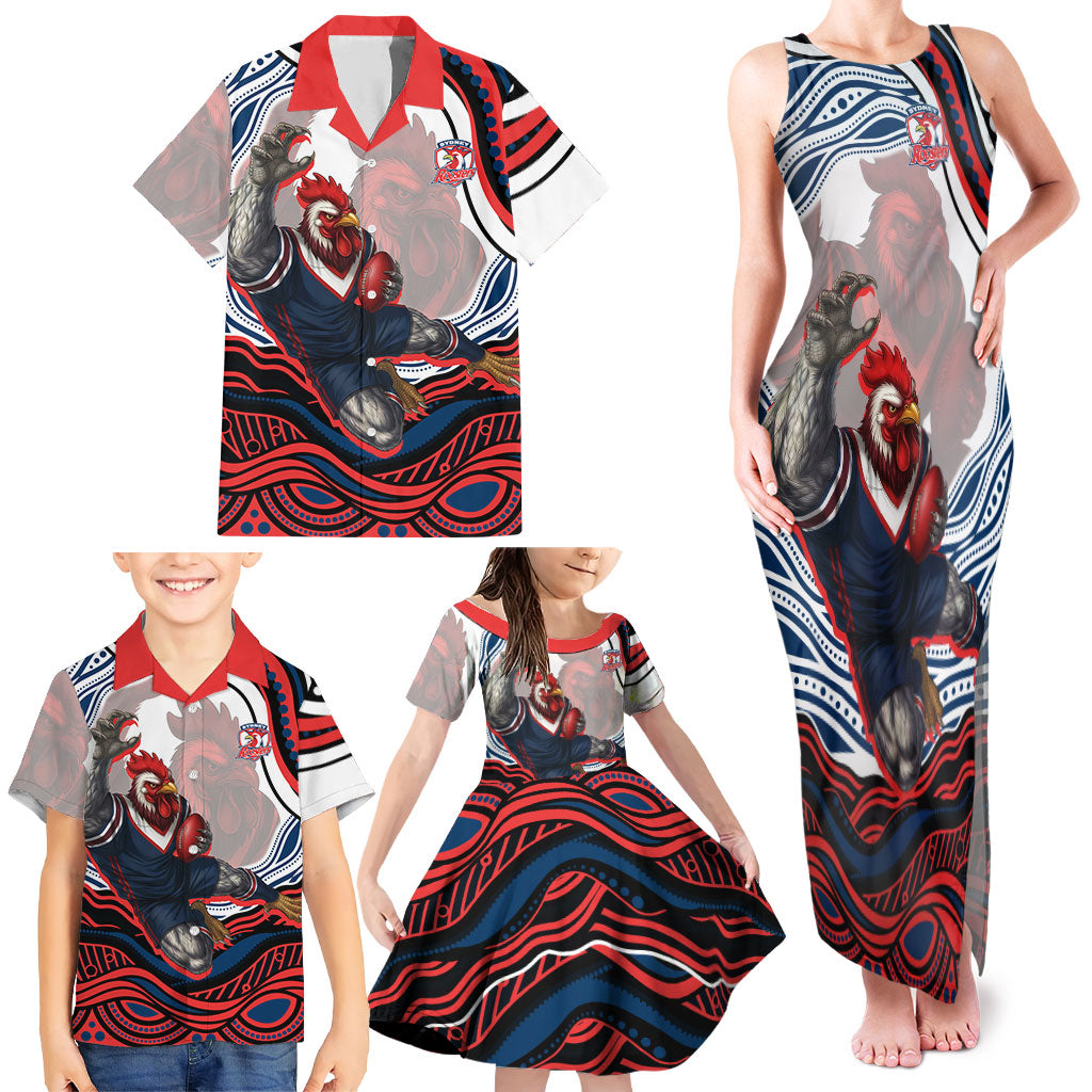 Personalized Sydney Roosters Family Matching Tank Maxi Dress and Hawaiian Shirt Aboriginal Dot Art - Dreamtime Rugby Mascot