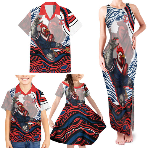 Personalized Sydney Roosters Family Matching Tank Maxi Dress and Hawaiian Shirt Aboriginal Dot Art - Dreamtime Rugby Mascot