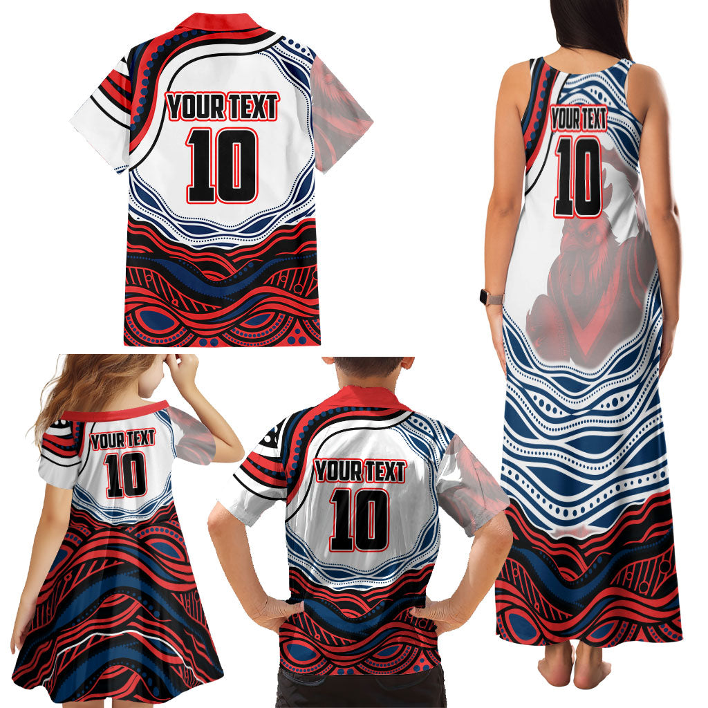 Personalized Sydney Roosters Family Matching Tank Maxi Dress and Hawaiian Shirt Aboriginal Dot Art - Dreamtime Rugby Mascot