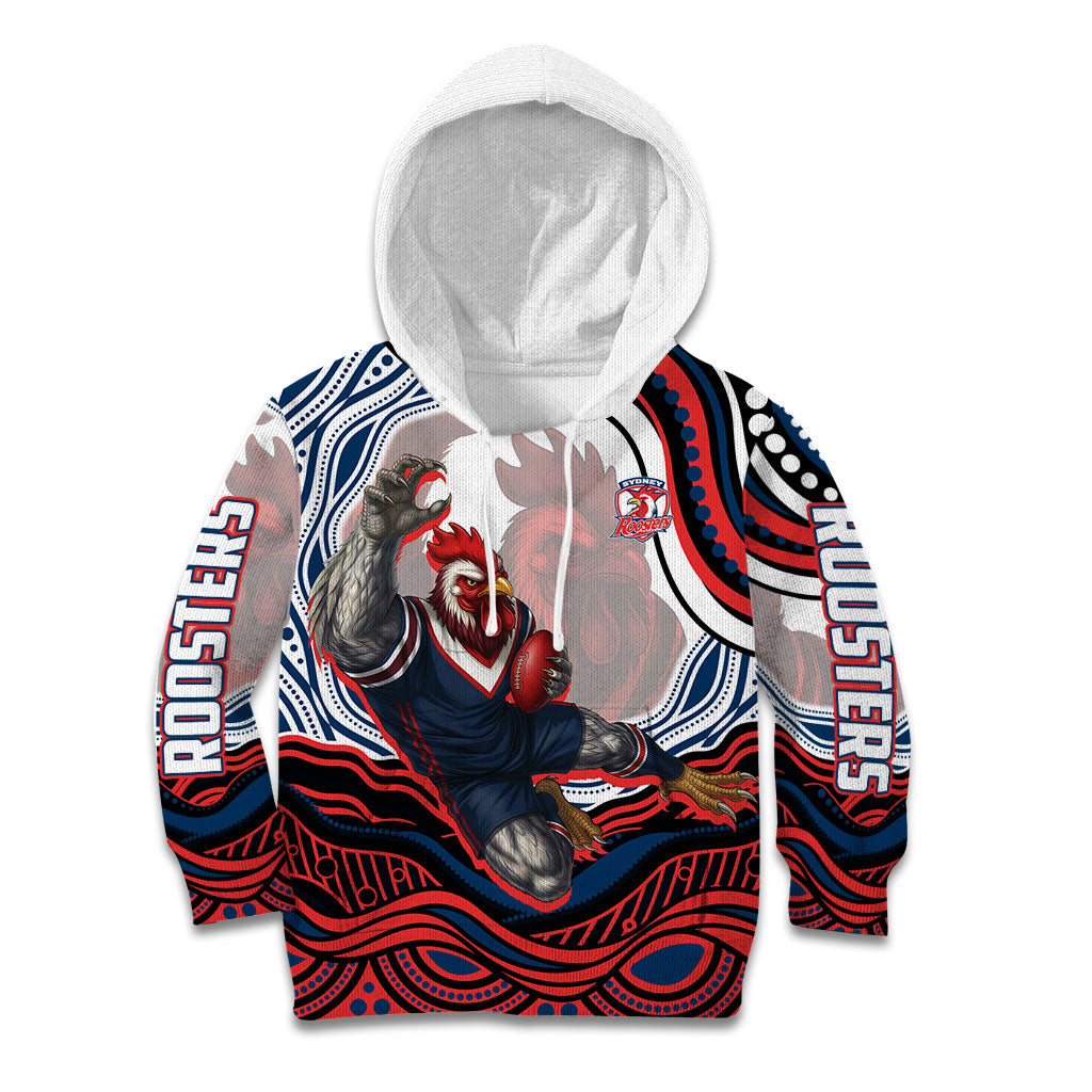 Personalized Sydney Roosters Kid Hoodie Aboriginal Dot Art - Dreamtime Rugby Mascot