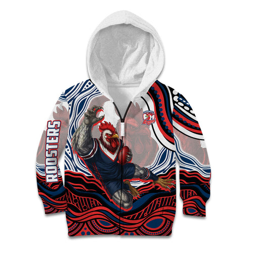 Personalized Sydney Roosters Kid Hoodie Aboriginal Dot Art - Dreamtime Rugby Mascot