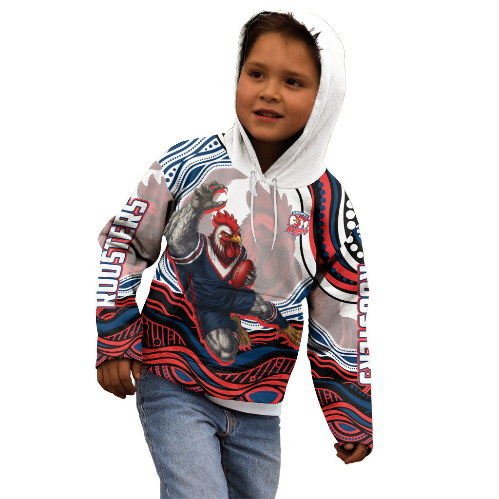 Personalized Sydney Roosters Kid Hoodie Aboriginal Dot Art - Dreamtime Rugby Mascot