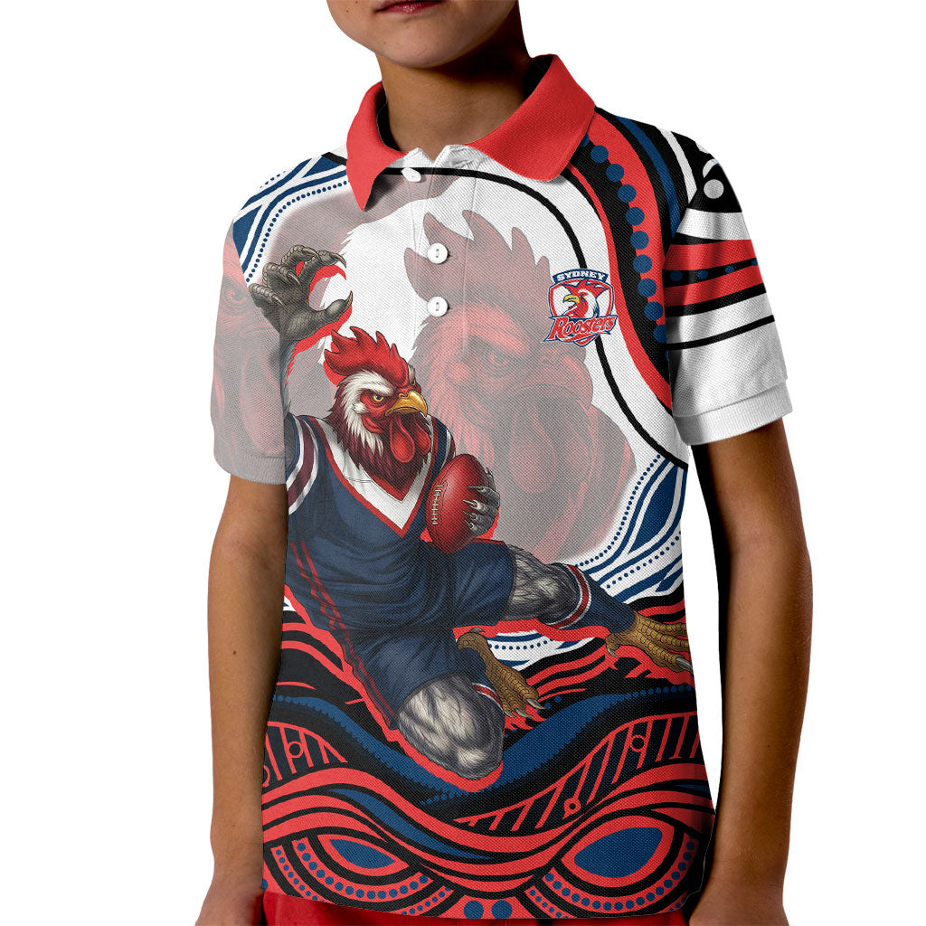 Personalized Sydney Roosters Kid Polo Shirt Aboriginal Dot Art - Dreamtime Rugby Mascot