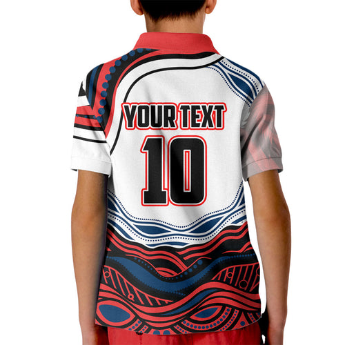 Personalized Sydney Roosters Kid Polo Shirt Aboriginal Dot Art - Dreamtime Rugby Mascot