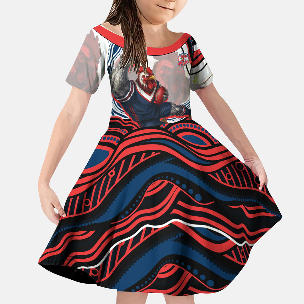 Personalized Sydney Roosters Kid Short Sleeve Dress Aboriginal Dot Art - Dreamtime Rugby Mascot