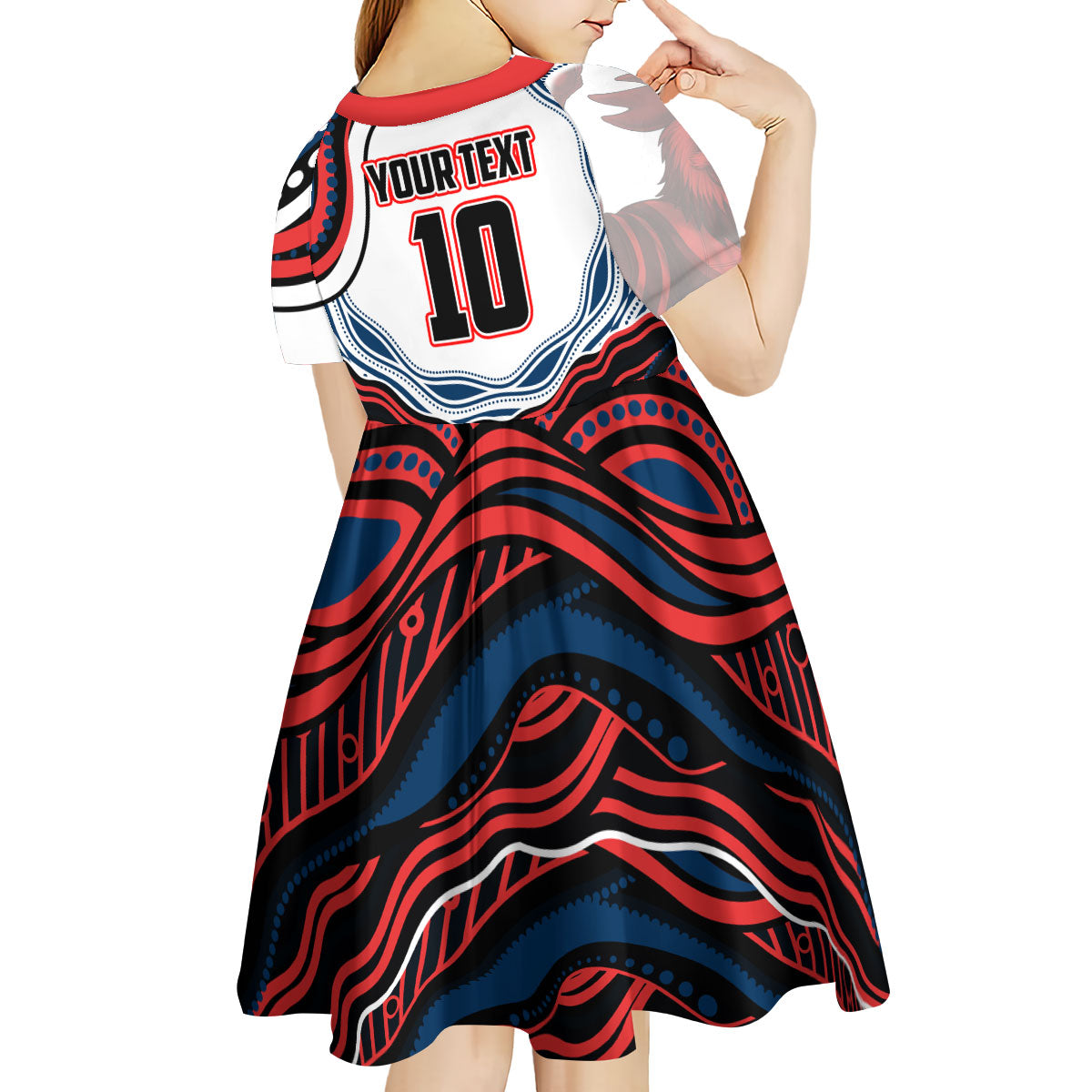 Personalized Sydney Roosters Kid Short Sleeve Dress Aboriginal Dot Art - Dreamtime Rugby Mascot