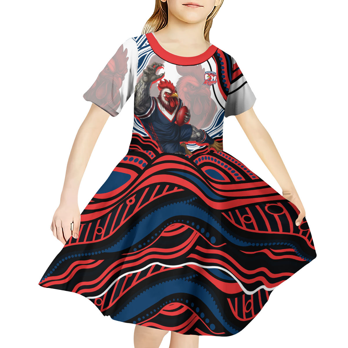 Personalized Sydney Roosters Kid Short Sleeve Dress Aboriginal Dot Art - Dreamtime Rugby Mascot