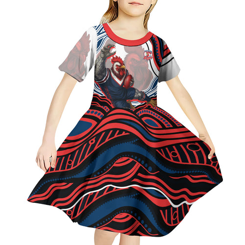 Personalized Sydney Roosters Kid Short Sleeve Dress Aboriginal Dot Art - Dreamtime Rugby Mascot