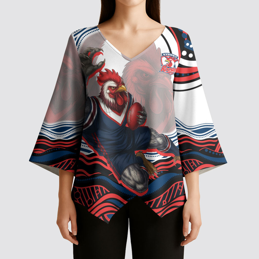 Personalized Sydney Roosters Kimono Sleeve Blouse Aboriginal Dot Art - Dreamtime Rugby Mascot