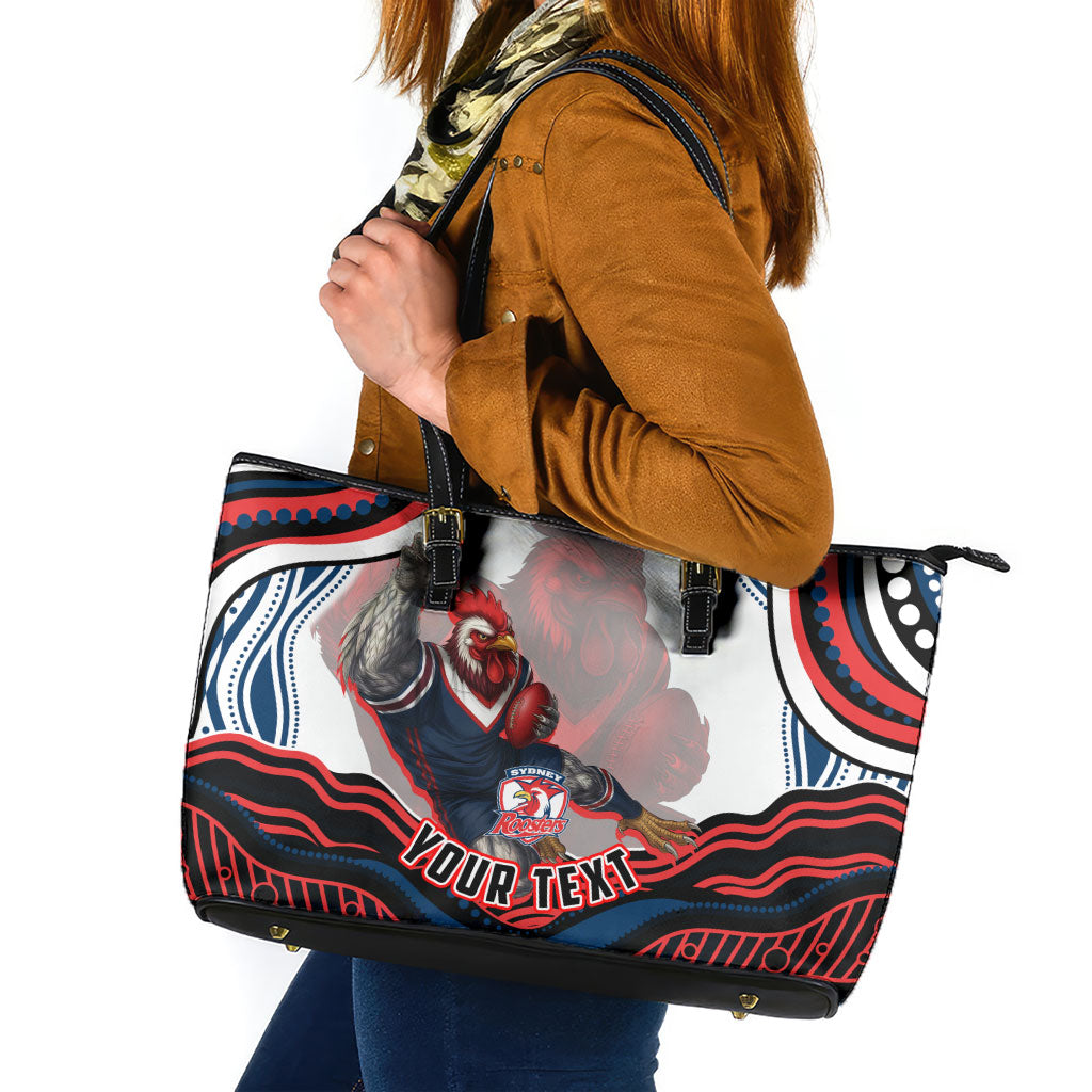 Personalized Sydney Roosters Leather Tote Bag Aboriginal Dot Art - Dreamtime Rugby Mascot