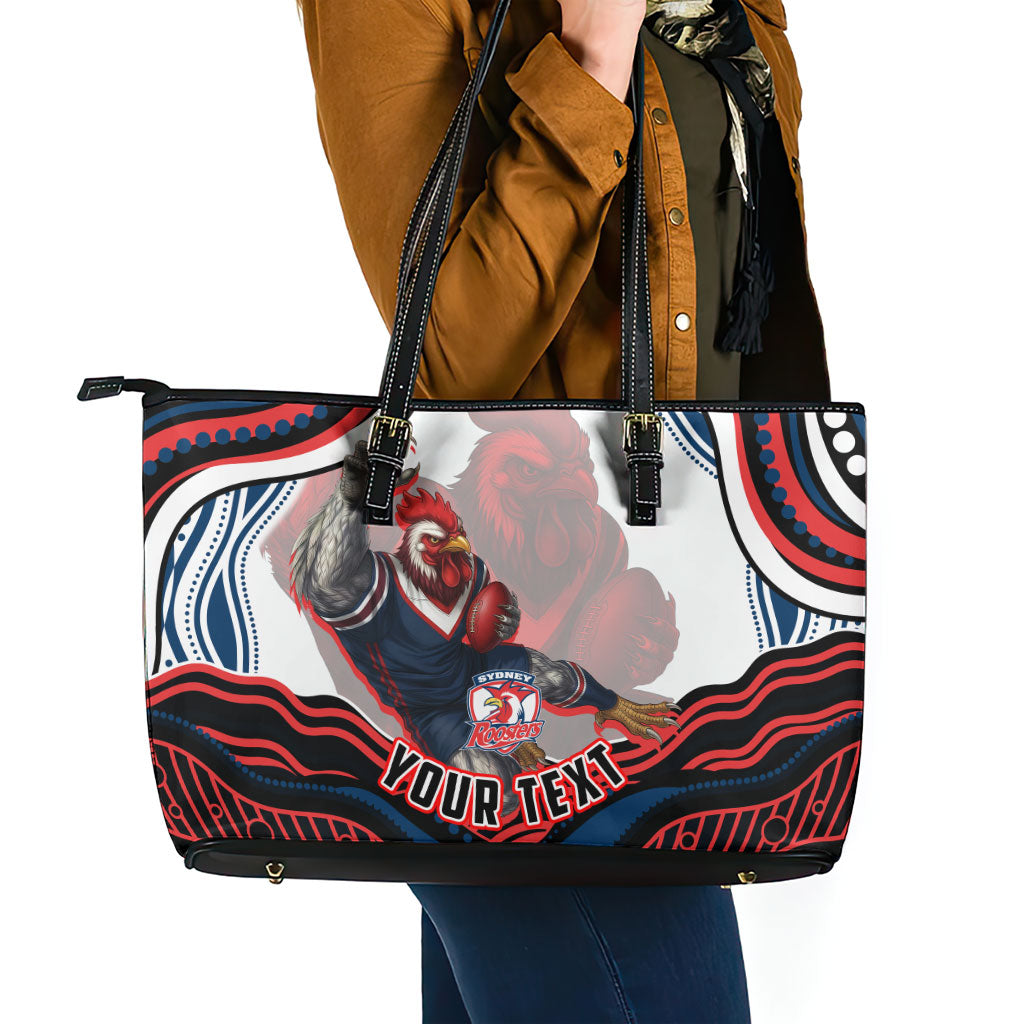 Personalized Sydney Roosters Leather Tote Bag Aboriginal Dot Art - Dreamtime Rugby Mascot