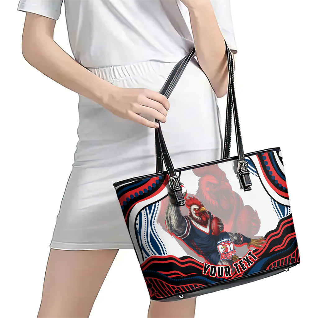 Personalized Sydney Roosters Leather Tote Bag Aboriginal Dot Art - Dreamtime Rugby Mascot