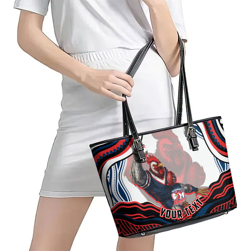 Personalized Sydney Roosters Leather Tote Bag Aboriginal Dot Art - Dreamtime Rugby Mascot