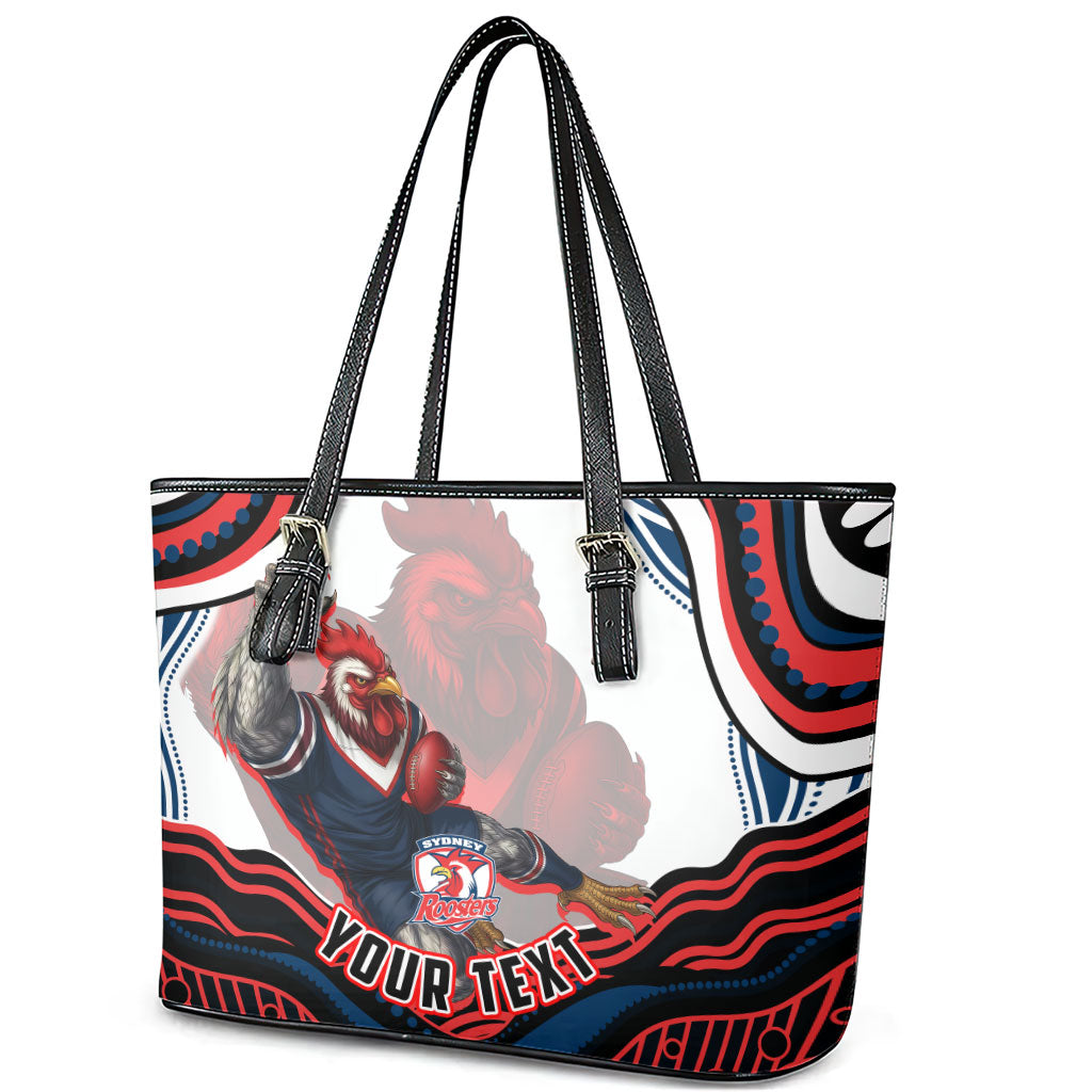 Personalized Sydney Roosters Leather Tote Bag Aboriginal Dot Art - Dreamtime Rugby Mascot