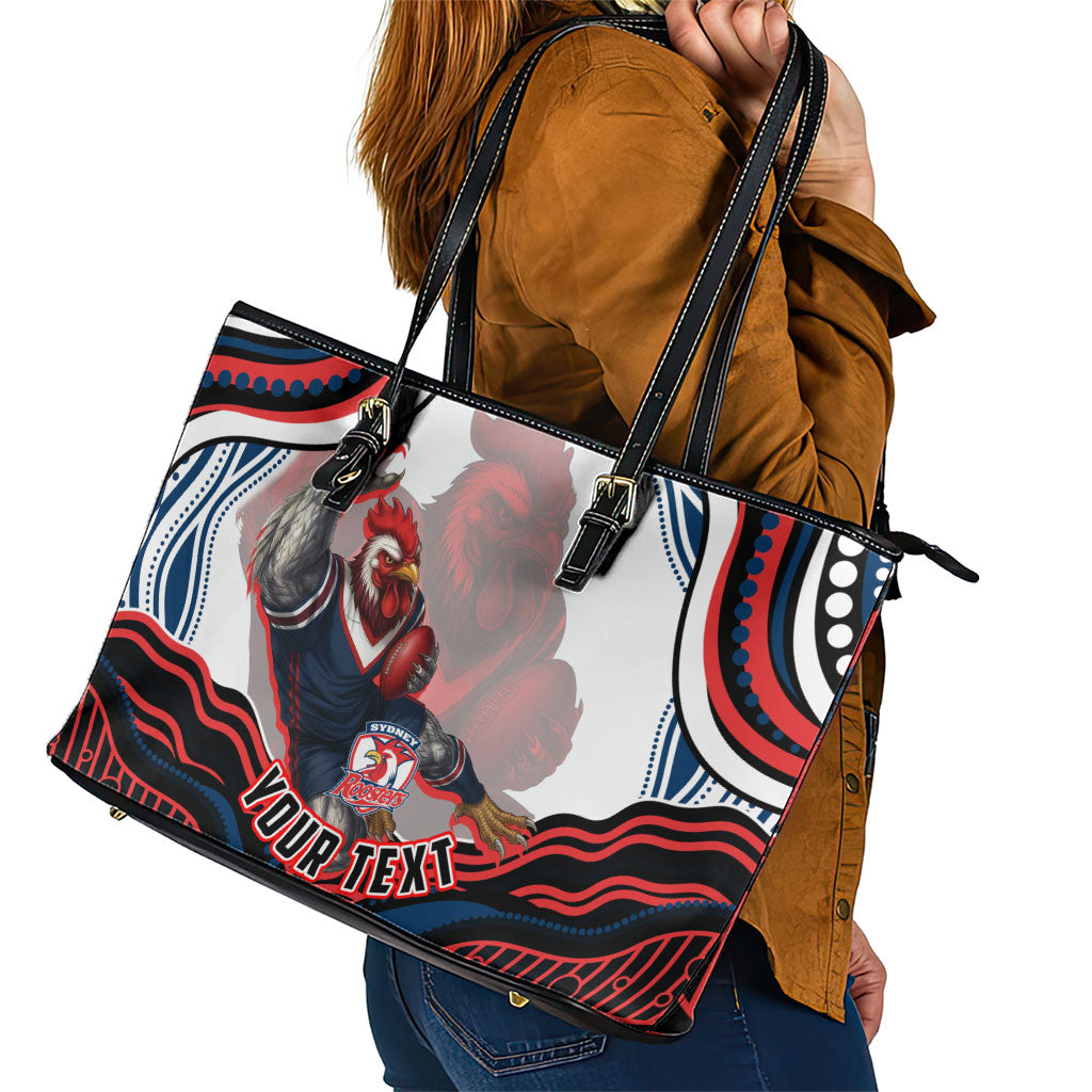 Personalized Sydney Roosters Leather Tote Bag Aboriginal Dot Art - Dreamtime Rugby Mascot