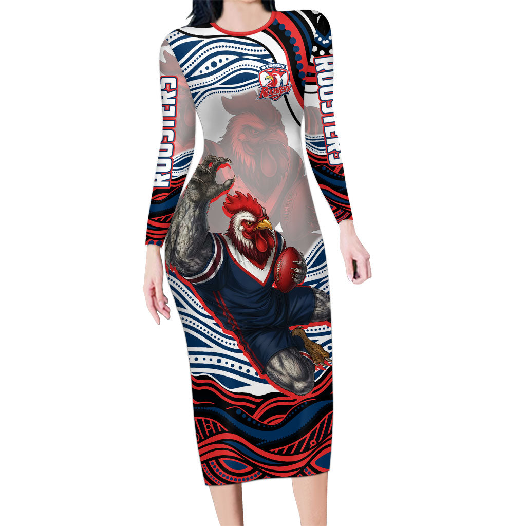 Personalized Sydney Roosters Long Sleeve Bodycon Dress Aboriginal Dot Art - Dreamtime Rugby Mascot