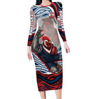 Personalized Sydney Roosters Long Sleeve Bodycon Dress Aboriginal Dot Art - Dreamtime Rugby Mascot