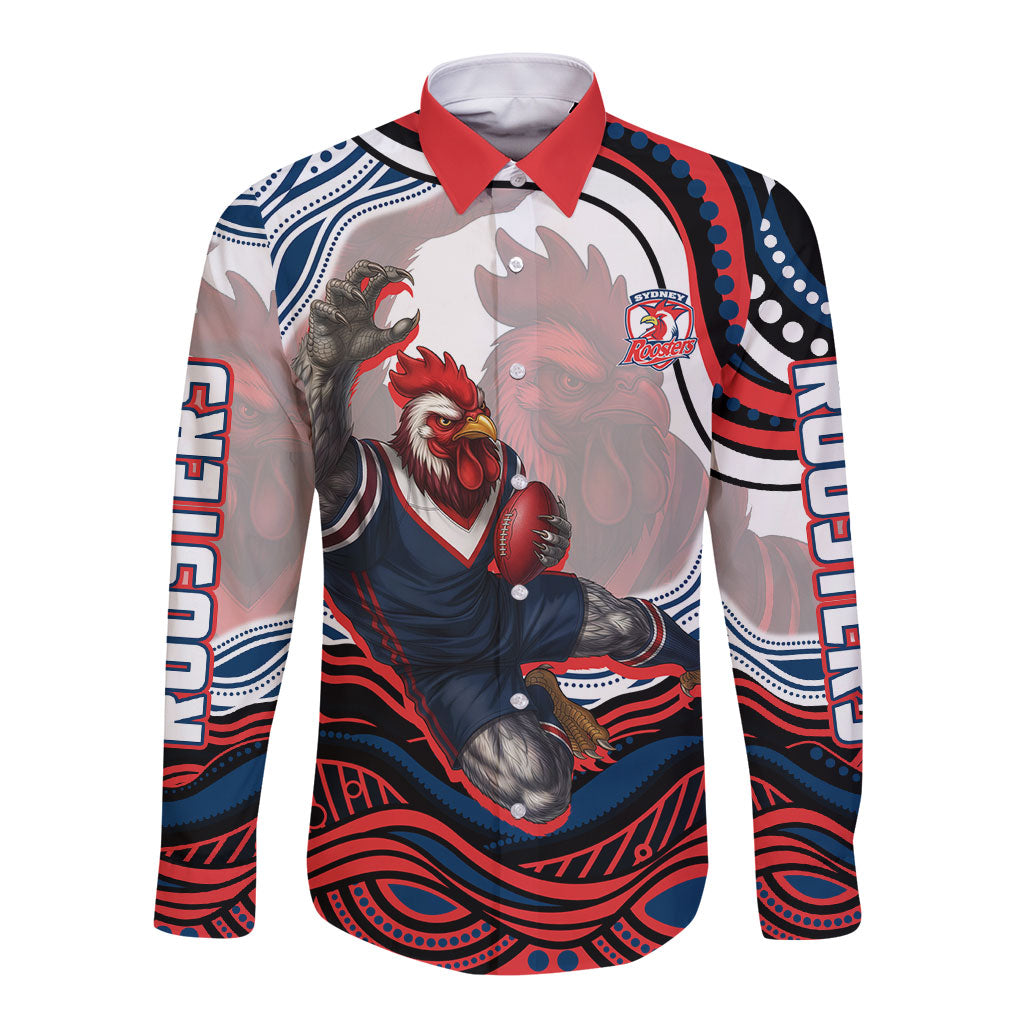 Personalized Sydney Roosters Long Sleeve Button Shirt Aboriginal Dot Art - Dreamtime Rugby Mascot