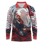 Personalized Sydney Roosters Long Sleeve Polo Shirt Aboriginal Dot Art - Dreamtime Rugby Mascot