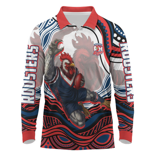 Personalized Sydney Roosters Long Sleeve Polo Shirt Aboriginal Dot Art - Dreamtime Rugby Mascot