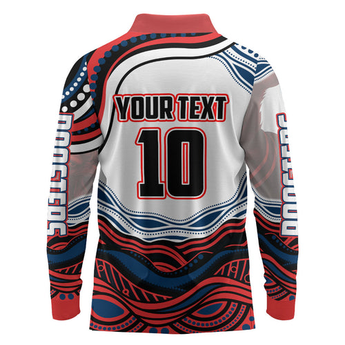 Personalized Sydney Roosters Long Sleeve Polo Shirt Aboriginal Dot Art - Dreamtime Rugby Mascot