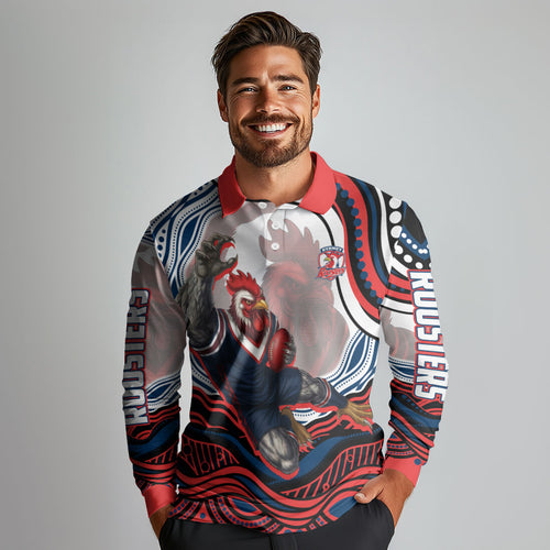 Personalized Sydney Roosters Long Sleeve Polo Shirt Aboriginal Dot Art - Dreamtime Rugby Mascot