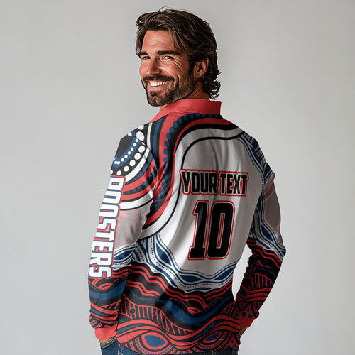 Personalized Sydney Roosters Long Sleeve Polo Shirt Aboriginal Dot Art - Dreamtime Rugby Mascot