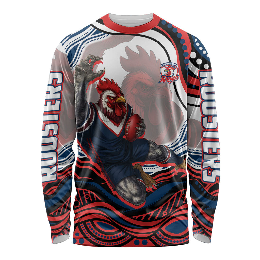 Personalized Sydney Roosters Long Sleeve Shirt Aboriginal Dot Art - Dreamtime Rugby Mascot