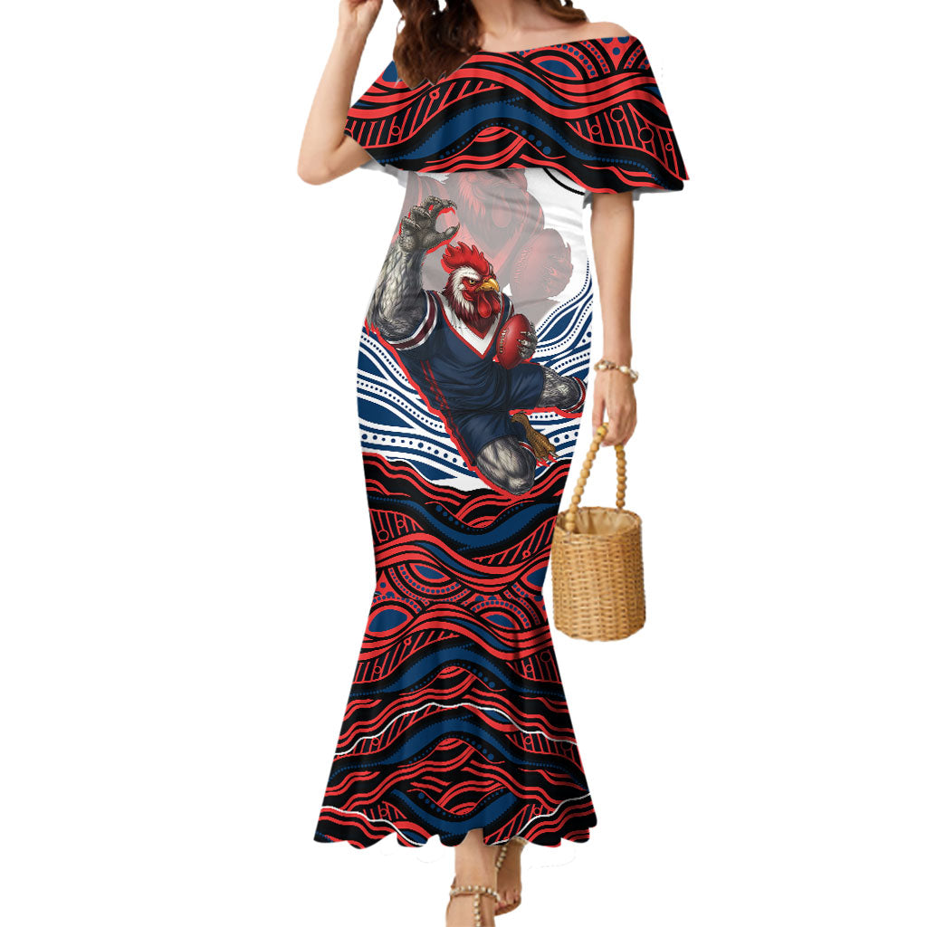 Personalized Sydney Roosters Mermaid Dress Aboriginal Dot Art - Dreamtime Rugby Mascot