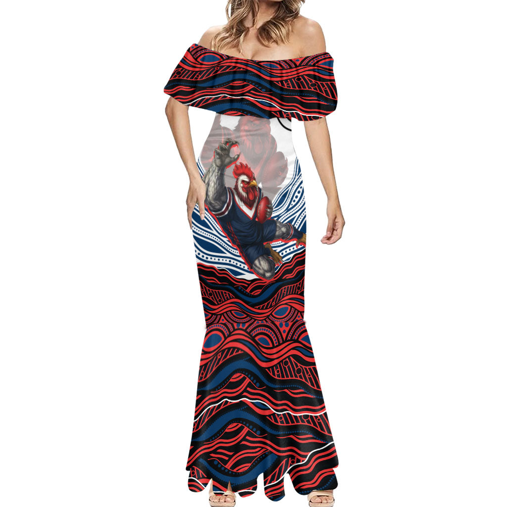 Personalized Sydney Roosters Mermaid Dress Aboriginal Dot Art - Dreamtime Rugby Mascot