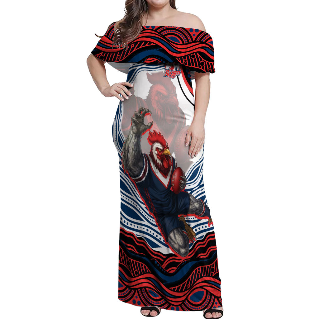 Personalized Sydney Roosters Off Shoulder Maxi Dress Aboriginal Dot Art - Dreamtime Rugby Mascot