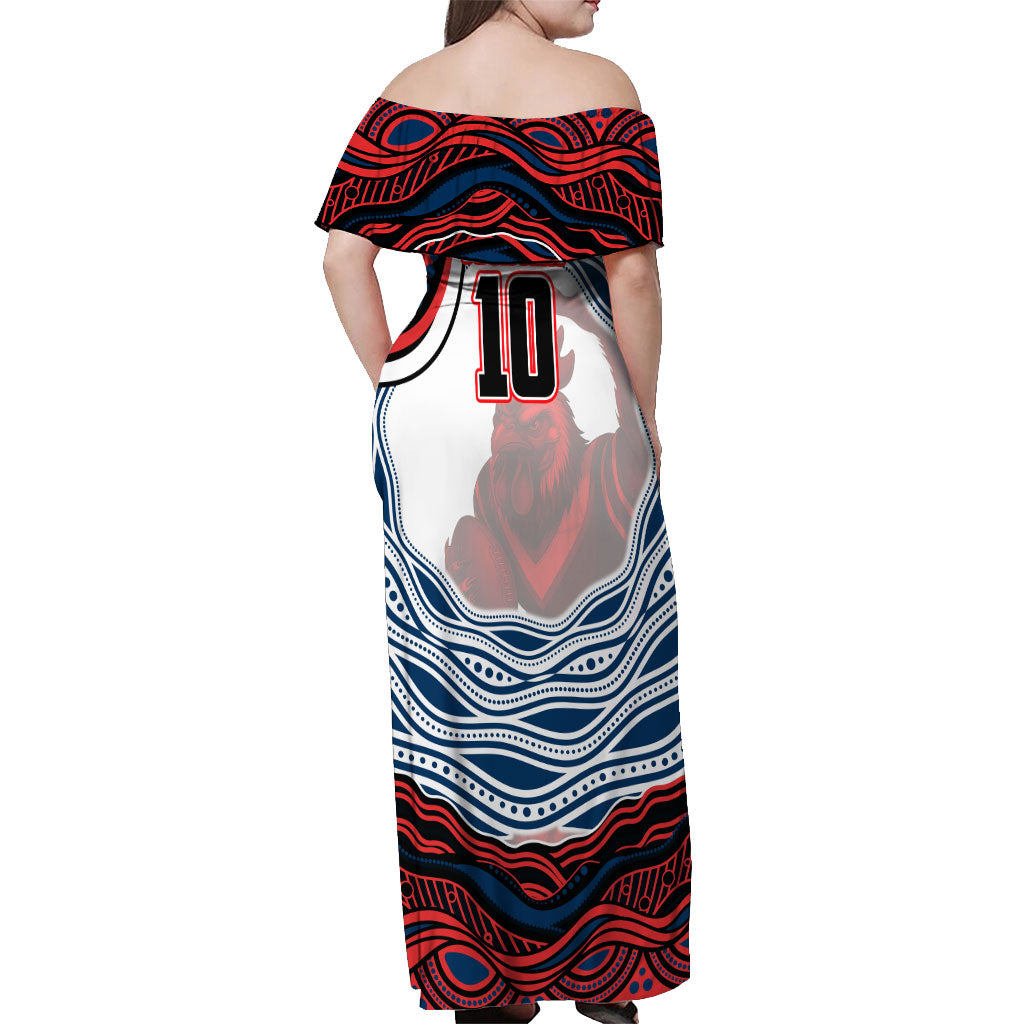 Personalized Sydney Roosters Off Shoulder Maxi Dress Aboriginal Dot Art - Dreamtime Rugby Mascot