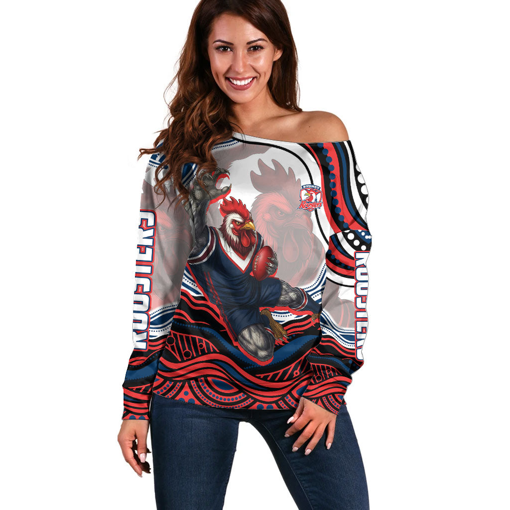 Personalized Sydney Roosters Off Shoulder Sweater Aboriginal Dot Art - Dreamtime Rugby Mascot