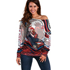 Personalized Sydney Roosters Off Shoulder Sweater Aboriginal Dot Art - Dreamtime Rugby Mascot